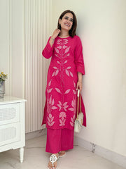 Women Pink Cotton Embroidery Kurta Pant set
