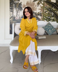 Women Yellow Cotton Embroidery Kurta Pant set