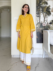 Women Yellow Cotton Embroidery Kurta Pant set