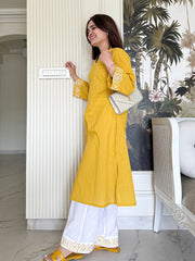 Women Yellow Cotton Embroidery Kurta Pant set