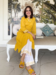 Women Yellow Cotton Embroidery Kurta Pant set