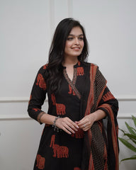 Women Black Cotton Elephant Motif Kurta Pant and Dupatta set
