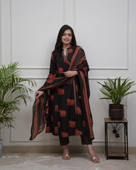 Women Black Cotton Elephant Motif Kurta Pant and Dupatta set