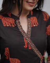 Women Black Cotton Elephant Motif Kurta Pant and Dupatta set
