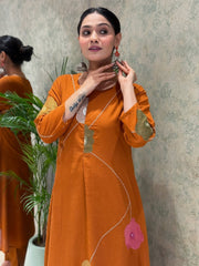 Women Rust Cotton Embroidery Floral Kurta Pant and Mulmul Dupatta set