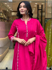 Women Pink Cotton Embroidery Buttons Kurta Pant and Dupatta set
