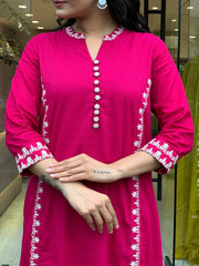 Women Pink Cotton Embroidery Buttons Kurta Pant and Dupatta set