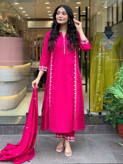 Women Pink Cotton Embroidery Buttons Kurta Pant and Dupatta set