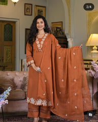 Women Rust Cotton Embroidery GPO Lace Kurta Pant and Dupatta set