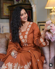 Women Rust Cotton Embroidery GPO Lace Kurta Pant and Dupatta set