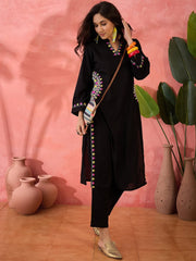 Women Black Cotton Embroidery Pocket Kurta Pant set