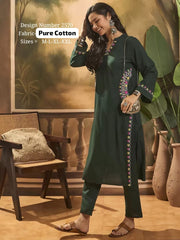 Women Green Cotton Embroidery Pocket Kurta Pant set