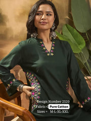 Women Green Cotton Embroidery Pocket Kurta Pant set