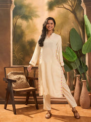 Women Cream Cotton Embroidery Pocket Kurta Pant set