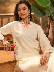 Women Cream Cotton Embroidery Pocket Kurta Pant set