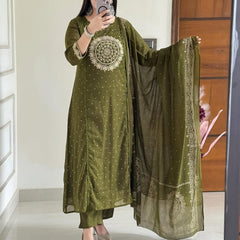 Women Green Cotton Embroidery Circle Kurta Pant and Dupatta set