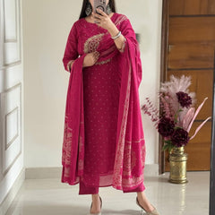 Women Pink Cotton Embroidery Circle Kurta Pant and Dupatta set