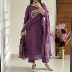 Women Purple Cotton Embroidery Circle Kurta Pant and Dupatta set
