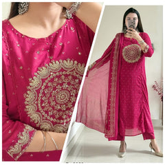 Women Pink Cotton Embroidery Circle Kurta Pant and Dupatta set