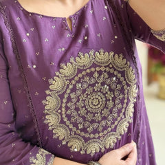 Women Purple Cotton Embroidery Circle Kurta Pant and Dupatta set