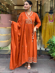 Women Orange Cotton Angrakha Kurta Pant and Dupatta set