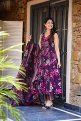 Women Purple Cotton Multicolor Kurta Pant and Dupatta set