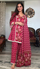 Women Cherry Red Cotton Beautiful Lace Top Pant and Dupatta set
