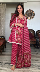 Women Cherry Red Cotton Beautiful Lace Top Pant and Dupatta set