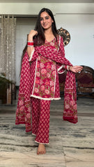 Women Cherry Red Cotton Beautiful Lace Top Pant and Dupatta set