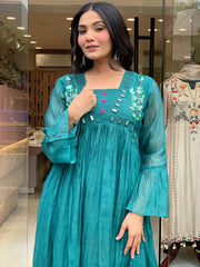 Women Teal Blue Cotton Embroidery Kurta Pant and Dupatta set