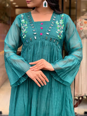 Women Teal Blue Cotton Embroidery Kurta Pant and Dupatta set