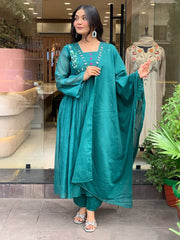 Women Teal Blue Cotton Embroidery Kurta Pant and Dupatta set