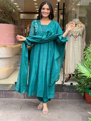 Women Teal Blue Cotton Embroidery Kurta Pant and Dupatta set