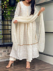 Women White Cotton Chikankari Kurta Pant and Dupatta set