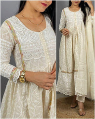 Women White Cotton Chikankari Kurta Pant and Dupatta set