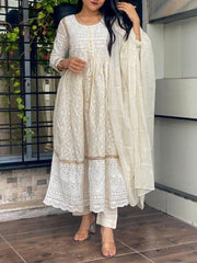 Women White Cotton Chikankari Kurta Pant and Dupatta set