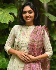 Women Cream Cotton Dobby Schiffli Kurta Pant and Kota Doria Dupatta set