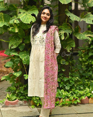 Women Cream Cotton Dobby Schiffli Kurta Pant and Kota Doria Dupatta set