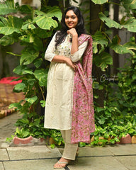 Women Cream Cotton Dobby Schiffli Kurta Pant and Kota Doria Dupatta set