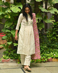Women Cream Cotton Dobby Schiffli Kurta Pant and Kota Doria Dupatta set