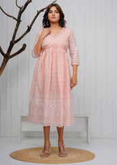 Women Shade of Pink Cotton Chikankari Middi Gown