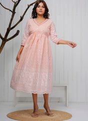 Women Shade of Pink Cotton Chikankari Middi Gown