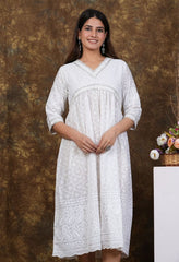 Women White Cotton Chikankari Middi Gown