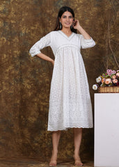 Women White Cotton Chikankari Middi Gown