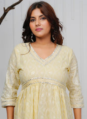 Women Pale Yellow Cotton Chikankari Middi Gown