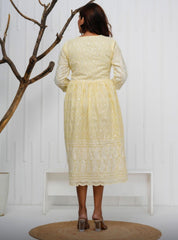 Women Pale Yellow Cotton Chikankari Middi Gown