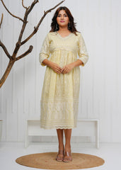 Women Pale Yellow Cotton Chikankari Middi Gown
