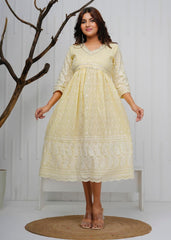 Women Pale Yellow Cotton Chikankari Middi Gown