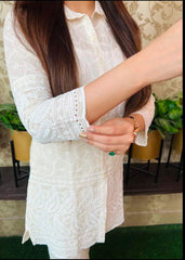Women White Cotton Chikankari Tunic Set