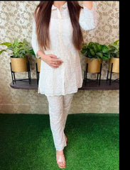 Women White Cotton Chikankari Tunic Set
